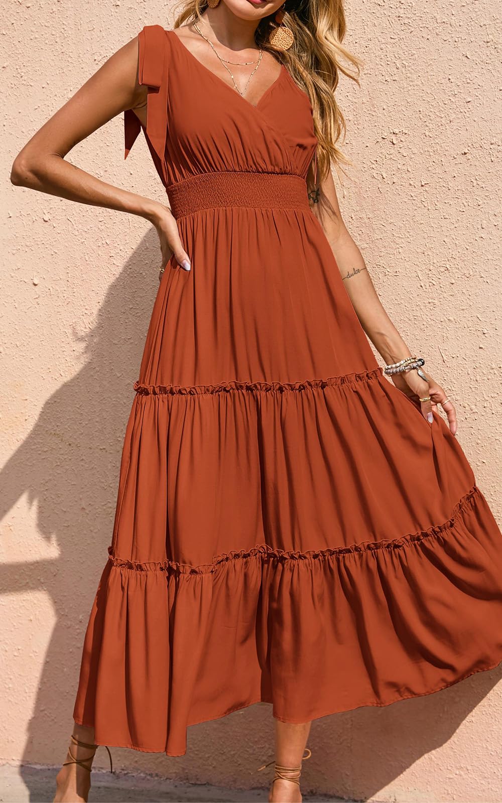 PRETTYGARDEN Women's Cross Neck Summer Sleeveless Tiered Maxi Dress Beach Tie Strap Smocked Long Dresses Pleated Sundress