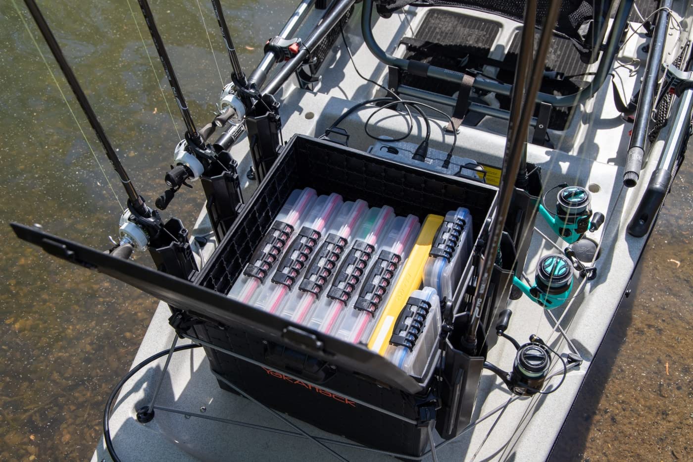 YakAttack BlackPak Pro 13" x 13" Fishing Crate with 3 Rod Holders - Battleship Grey | Compact Tackle Storage Box & Gear Organizer for Kayaks | Lightweight, Durable & Customizable Marine Accessory