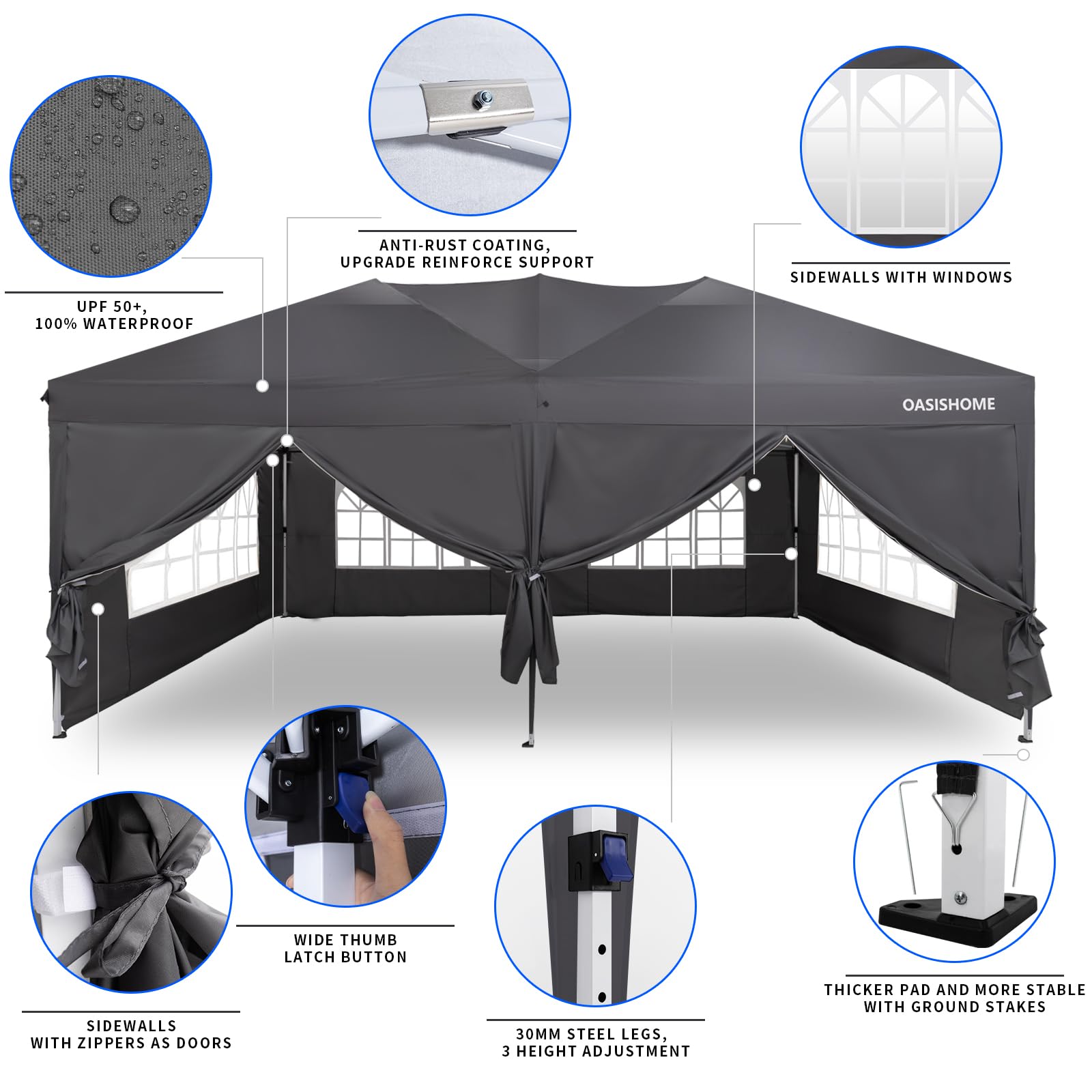 OASISHOME Canopy Tent 10'x10' Pop Up Gazebo with 1-Person Set Up, 4 Sidewalls, Wheeled Bag, Waterproof UV Protection Heavy-Duty Steel Frame Shelter for Patio Outdoor Wedding Party Event (Black,10x10)