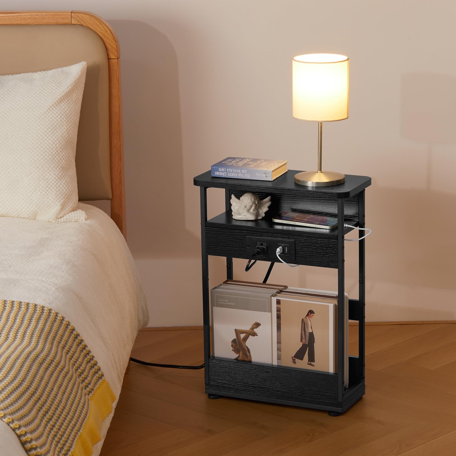 YEAKOO Narrow Side Table with Charging Station, 3-Tier End Table with 2 USB Ports & Power Outlets,Thin Sofa Side Table for Narrow and Small Spaces, Bedside Table Nightstand for Living Room,Black