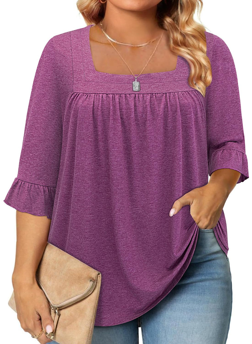 Siddhe Womens Plus Size Tops Loose Fit 3/4 Ruffle Sleeve Blouses Square Neck T Shirt Casual Tunic Tops(1X-5X)