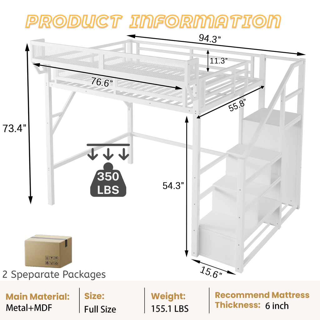Mirightone Full Size Loft Bed with Stairs, Metal Loft Beds, High Loft Bed Frame with Storage Shelves, Lofted Full Bed with Wardrobe for Kids and Teens, No Box Spring Needed (Black)