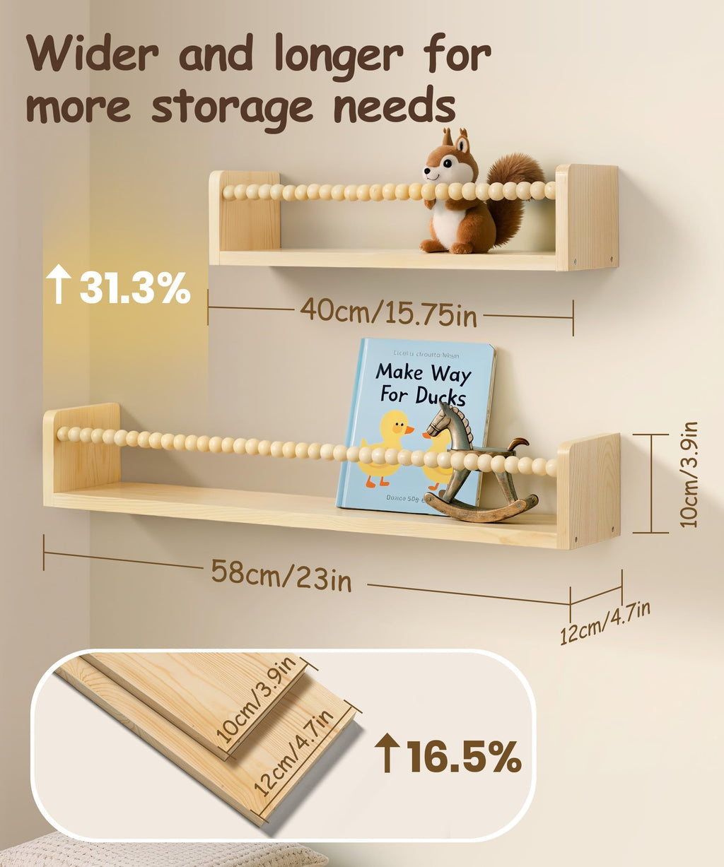 Nursery Book Shelves for Wall Set of 3, Natural Wood Bookshelves Wall Decor, Small Floating Shelf Organizer for Kids Room, Bedroom, Kitchen Spice Rack