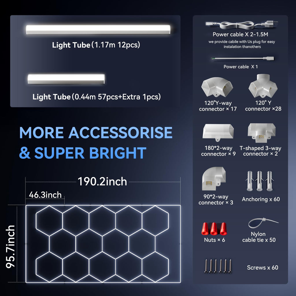 LZHOME LED Hexagon Garage Light: 12700LM Car Detailing Shop Light, DIY Splicing Ceiling & Wall Decor Lights, for Workshop Basement Gym Warehouse Bar Gaming Room
