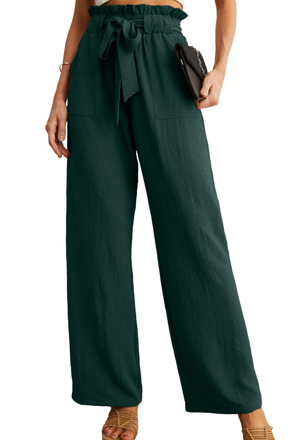 IWOLLENCE Women High Waist Palazzo Pants, Adjustable Knot Ankle Wide Leg Trousers Pockets Beach Vacation Lounge Office