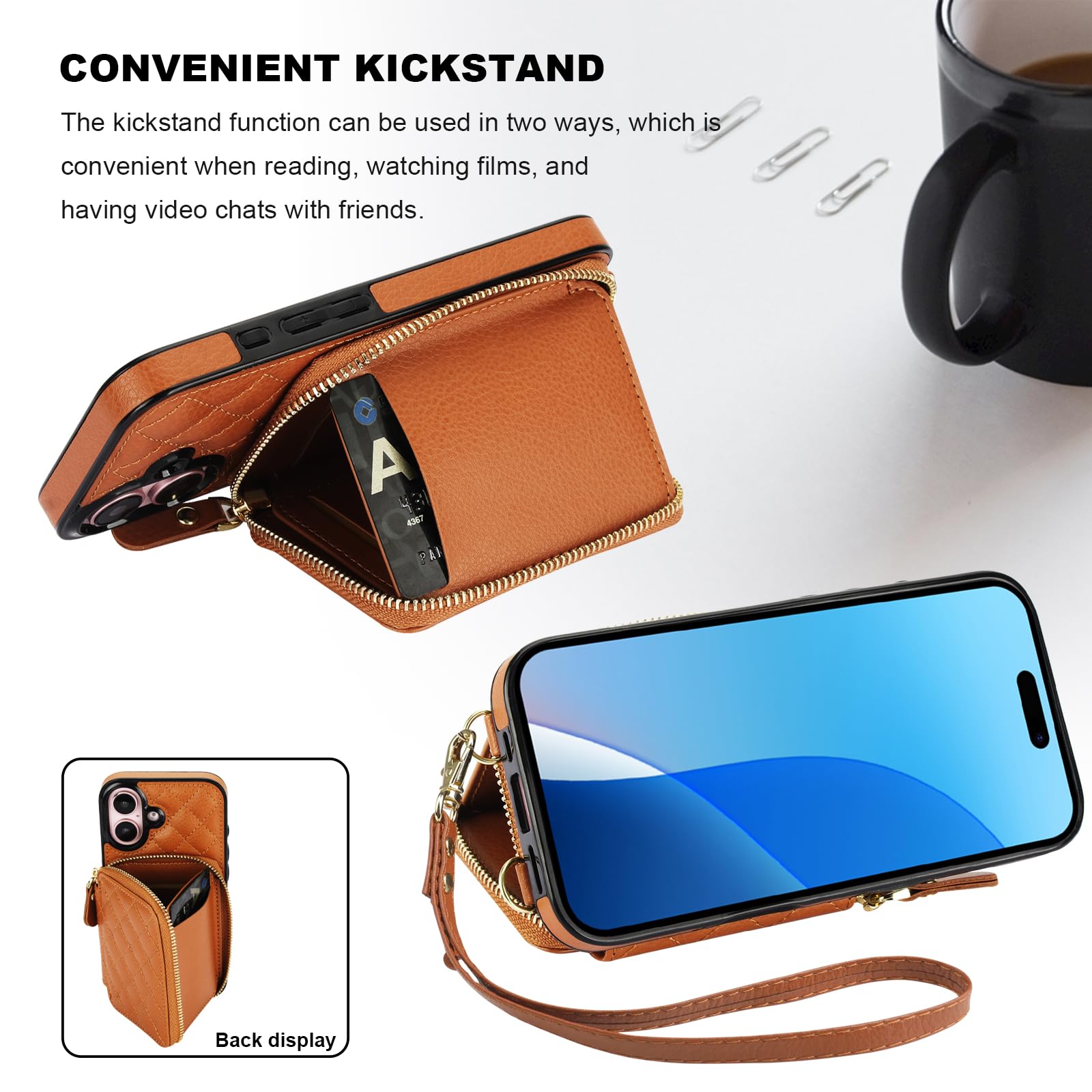 Bocasal Crossbody Wallet Case for iPhone 16, RFID Blocking PU Leather Zipper Handbag Purse Flip Cover, Kickstand Folio Case with Card Slots Holder Wrist Strap Lanyard 5G 6.1 Inch (Black)