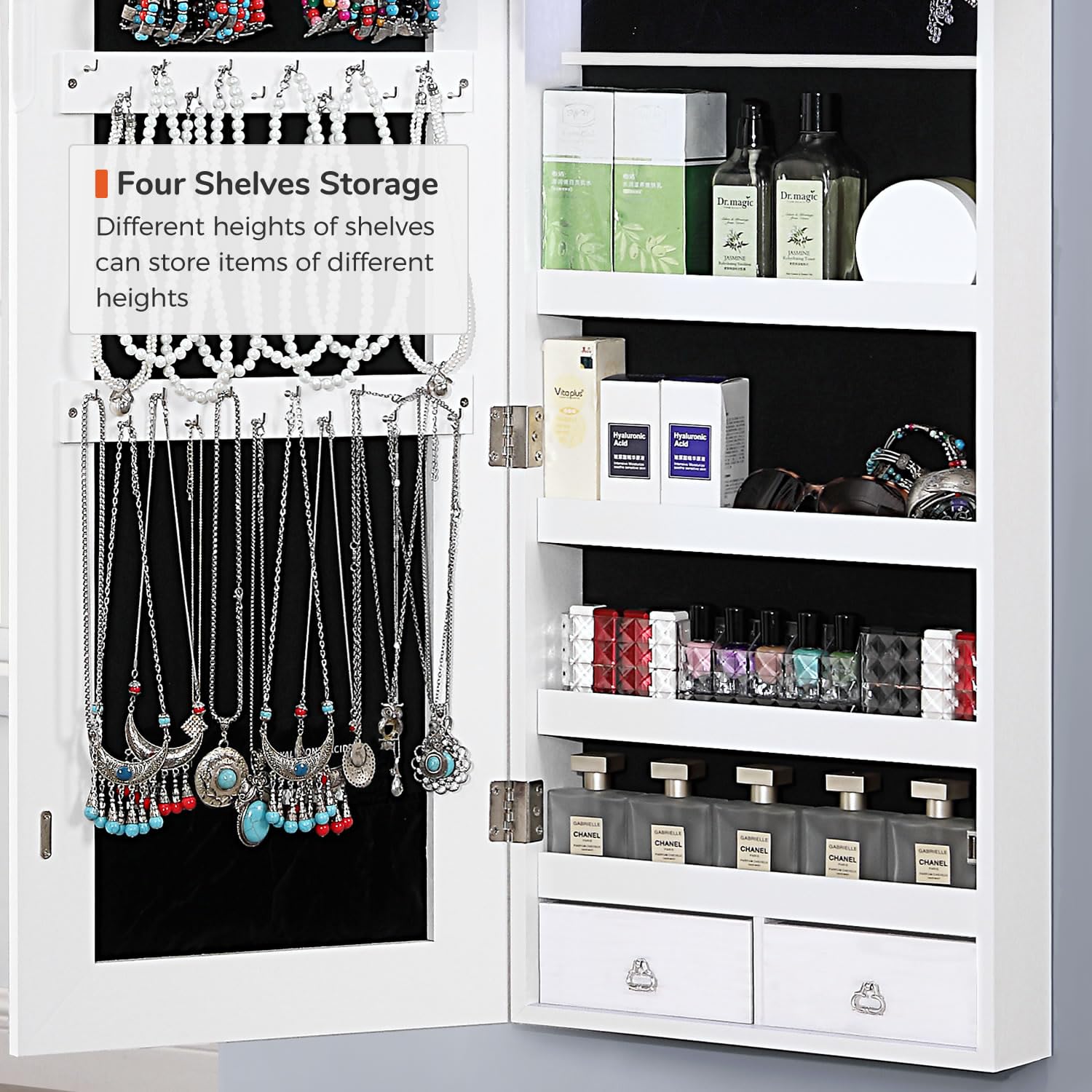 GISSAR Full Length Mirror Jewelry Cabinet, 6 LEDs Jewelry Armoire Wall Mounted Over The Door Hanging, Jewelry Organizer Storage with Lights Lockable, Black, 14.6" x 47.2"
