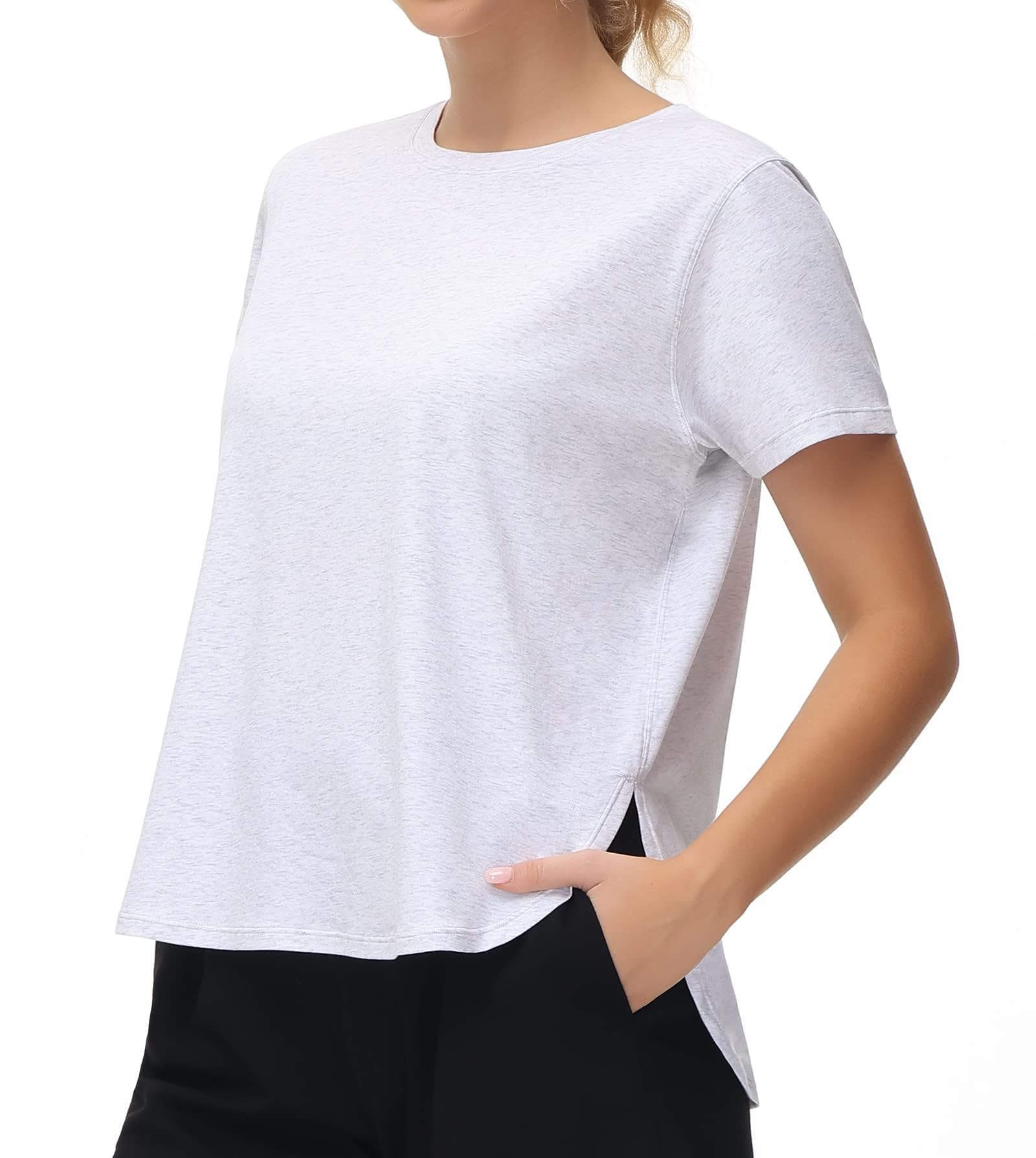 THE GYM PEOPLE Women's Workout T-Shirts Loose Fit Short Sleeve Cotton Running Basic Tee Tops with Split Hem