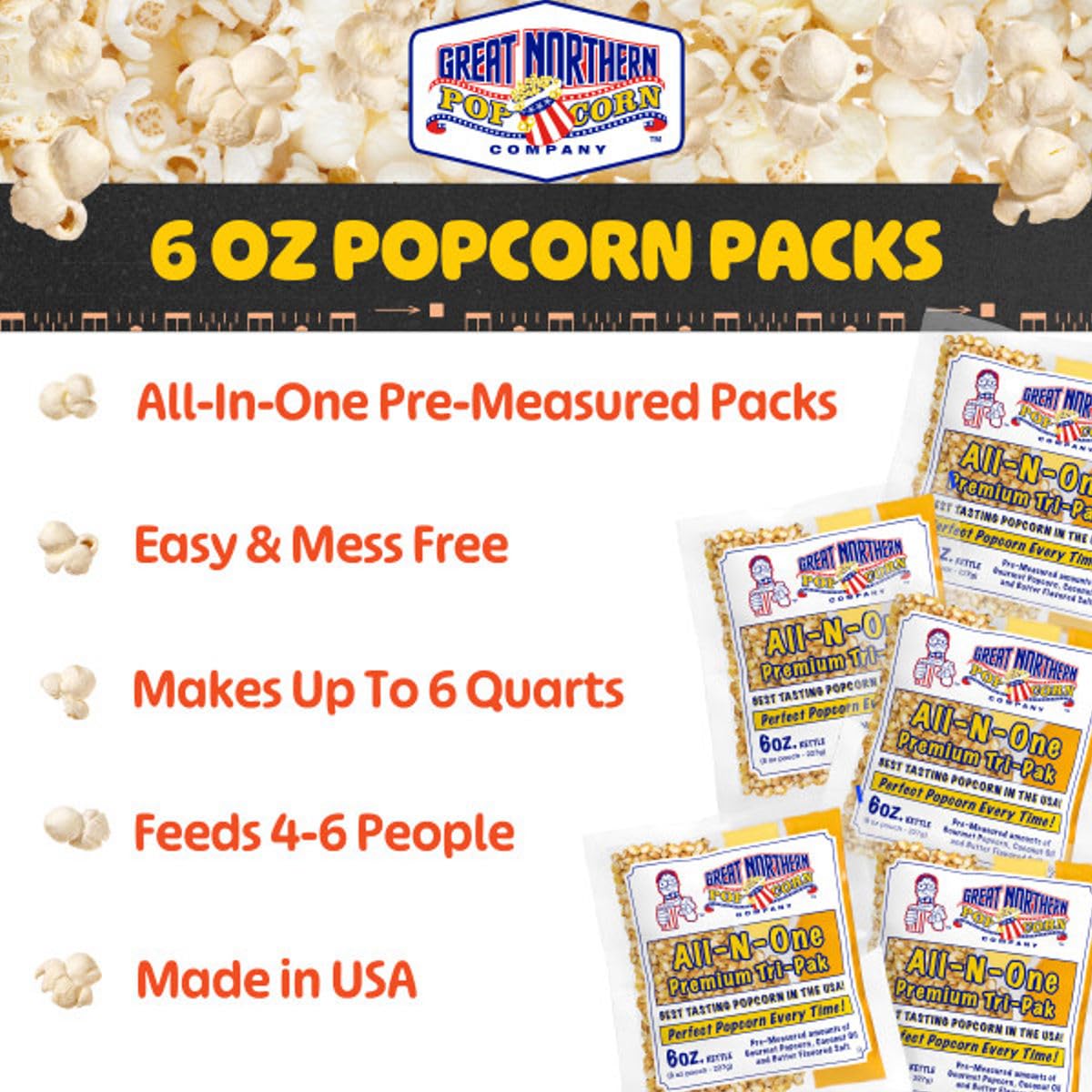2.5oz Popcorn Packs - Pre-Measured, Movie Theater Style, All-in-One Kernel, Salt, Oil Packets for Popcorn Machines by Great Northern Popcorn (40 Case)