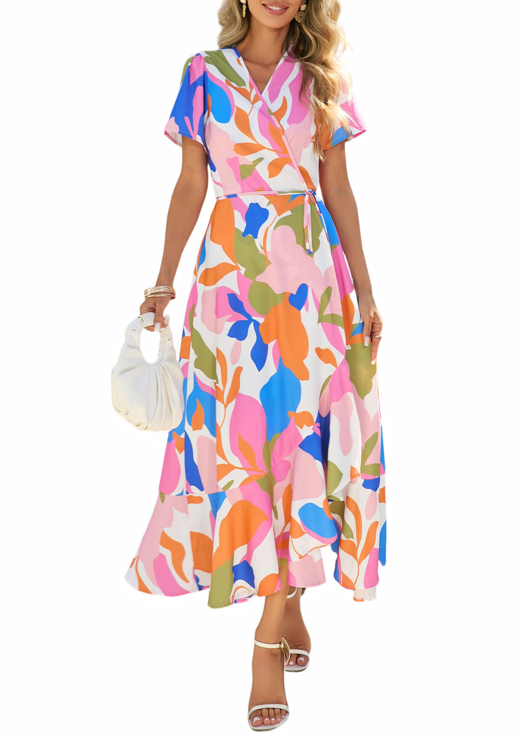 PRETTYGARDEN Women's Boho Floral Maxi Dress Summer Short Sleeve Wrap V Neck Long Flowy Beach Vacation Wedding Guest Dresses