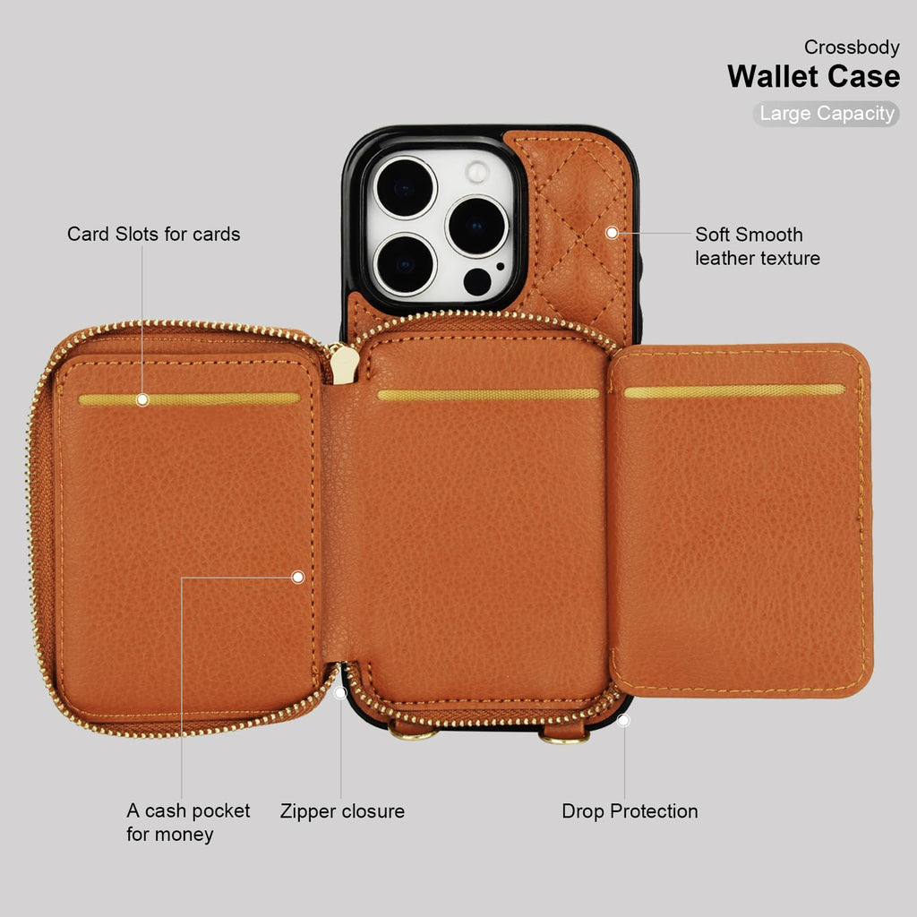 Bocasal Crossbody Wallet Case for iPhone 16 Pro, RFID Blocking PU Leather Zipper Handbag Purse Flip Cover, Kickstand Folio Case with Card Slots Holder Wrist Strap Lanyard 5G 6.3 Inch (Black)