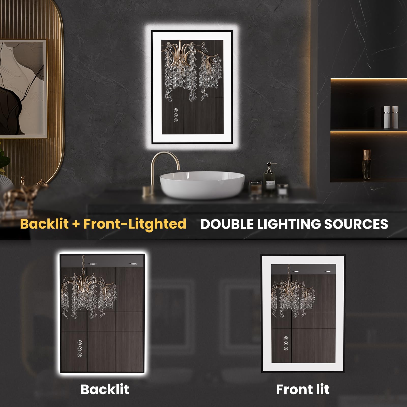 LOAAO 20"X28" LED Bathroom Mirror Black Framed | Anti-Fog, Dimmable, Memory Function, Tempered Glass, Lighted Vanity Mirror for Wall