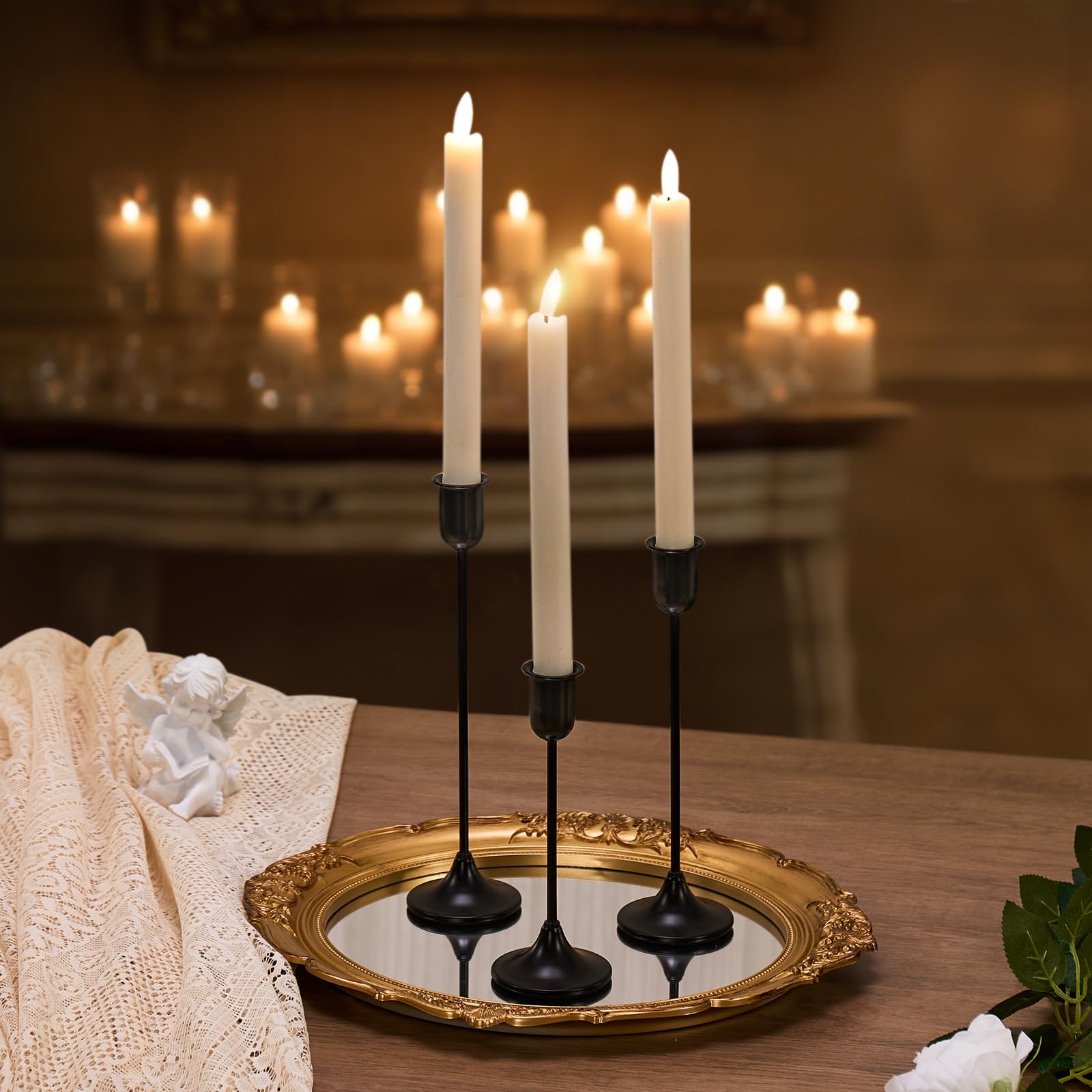Black Hurricane Glass Candle Holders Set of 3, Tall Metal Taper Candle Stick Holder, Clear Candlestick Holders, Table Centerpieces Decor for Dining Dinner, Weddings, Christmas Fireplace Decorations