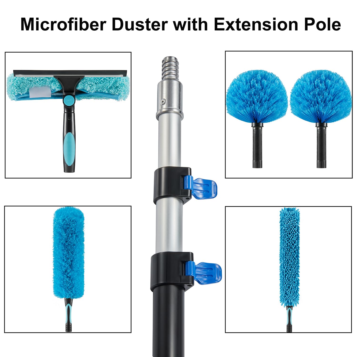 15 Foot High Ceiling Fan Duster with 5-8ft Extension Pole, Extendable Reusable Cobweb, Feather, Window Cleaning Squeegee Kit