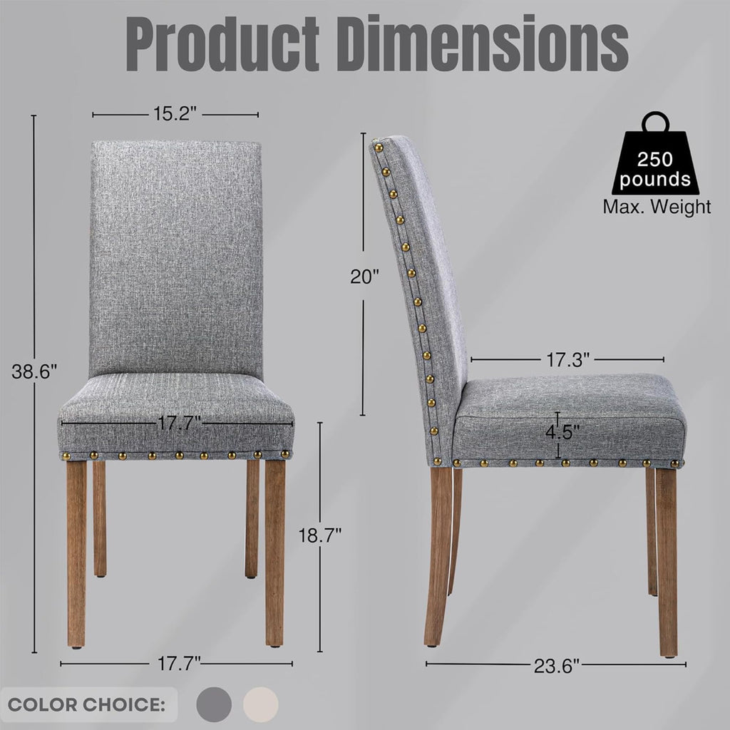 Upholstered Dining Chair Modern Stylish Parsons Kitchen Diner High Back with Bronze Nailhead Trim & Wood Legs, Set of 2, Grey