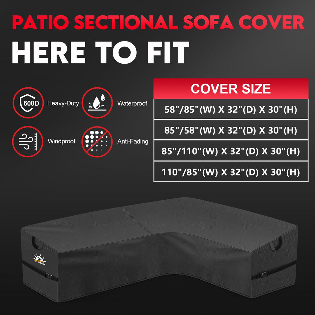 Zettum Outdoor L-Shaped Sectional Cover - 600D Patio Sectional Sofa Cover, Waterproof Patio Furniture Covers for 4-Seater Outdoor Sectional Sofa and Couch, Left Facing, 58x85 Inch Wide