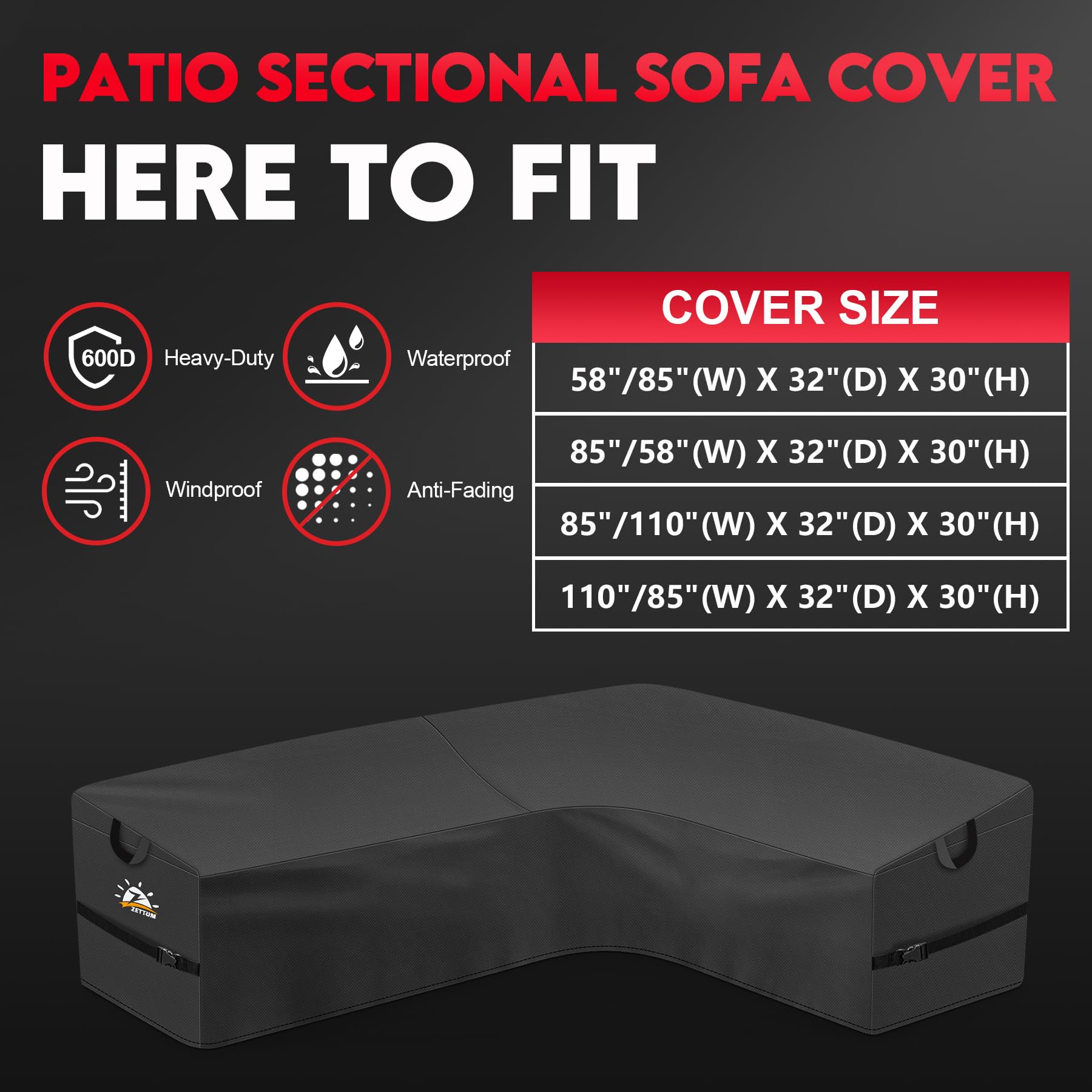Zettum Outdoor L-Shaped Sectional Cover - 600D Patio Sectional Sofa Cover, Waterproof Patio Furniture Covers for 4-Seater Outdoor Sectional Sofa and Couch, Left Facing, 58x85 Inch Wide