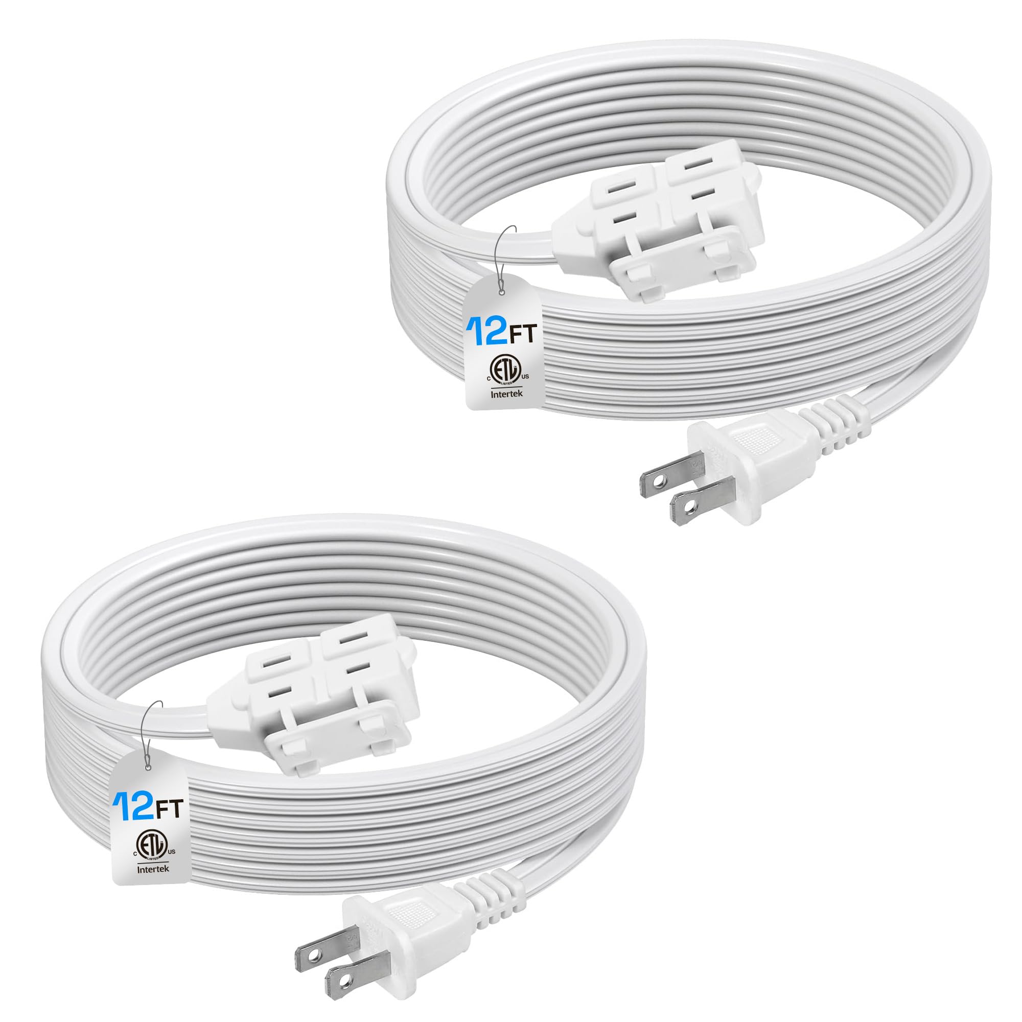 BN-LINK 6ft Indoor Extension Cord, 2 Pack, 3-Outlet Polarized Flat Cable, Household Power Cord for Home, Office, and Holiday Decorations, Black