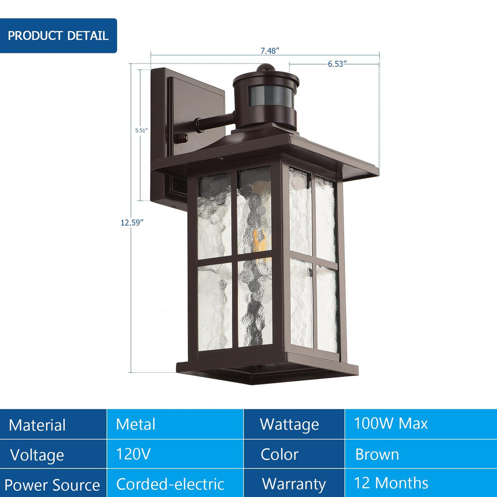 FLEDAVID Motion Sensor Outdoor Wall Light Fixtures Dusk to Dawn Exterior Porch Lantern White Outside Sconce Lighting Rustic Wall Mount Lamp with Water Ripple Glass for House Garage Patio Entryway