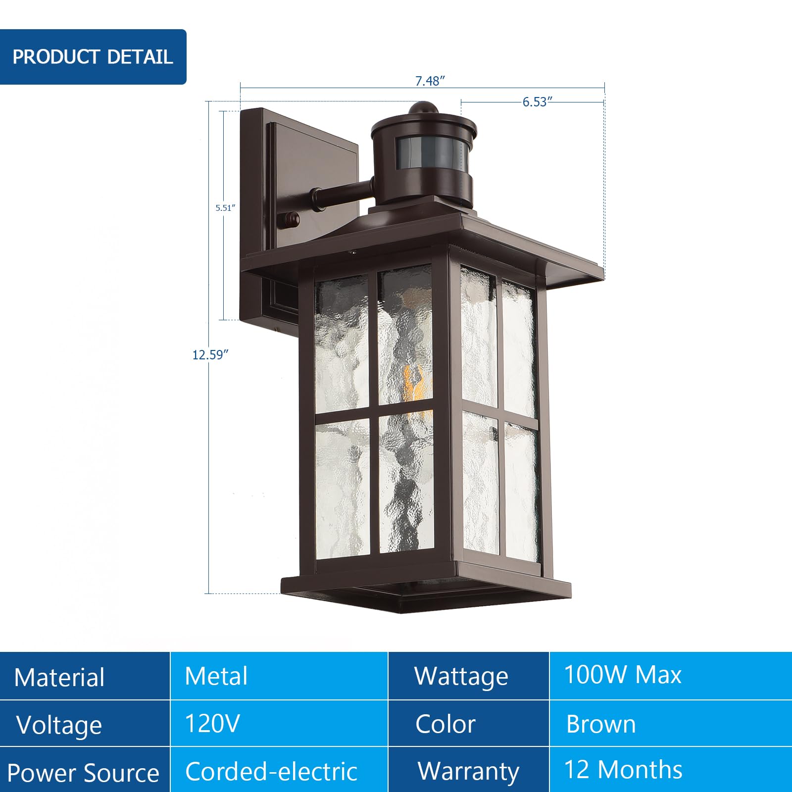 FLEDAVID Motion Sensor Outdoor Wall Light Fixtures Dusk to Dawn Exterior Porch Lantern White Outside Sconce Lighting Rustic Wall Mount Lamp with Water Ripple Glass for House Garage Patio Entryway