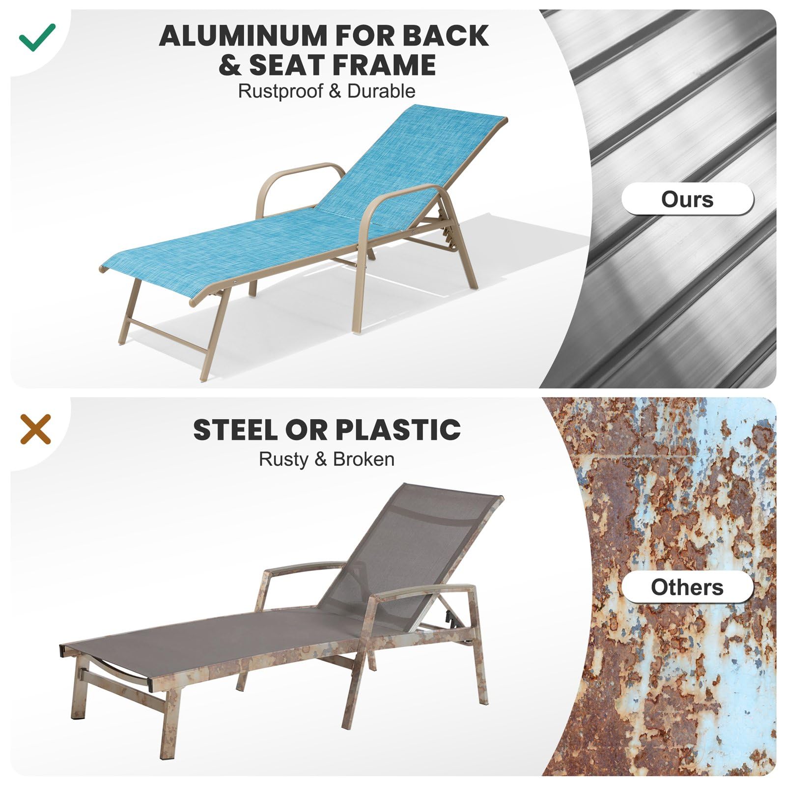 Crestlive Products Chaise Lounge Chair Outdoor with Armrests, Pool Lounge Chairs Set of 2, Aluminum Adjustable 5 Positions Sun Tanning Lounger for Patio, Poolside, Yard, Deck, Backyard (Beige)