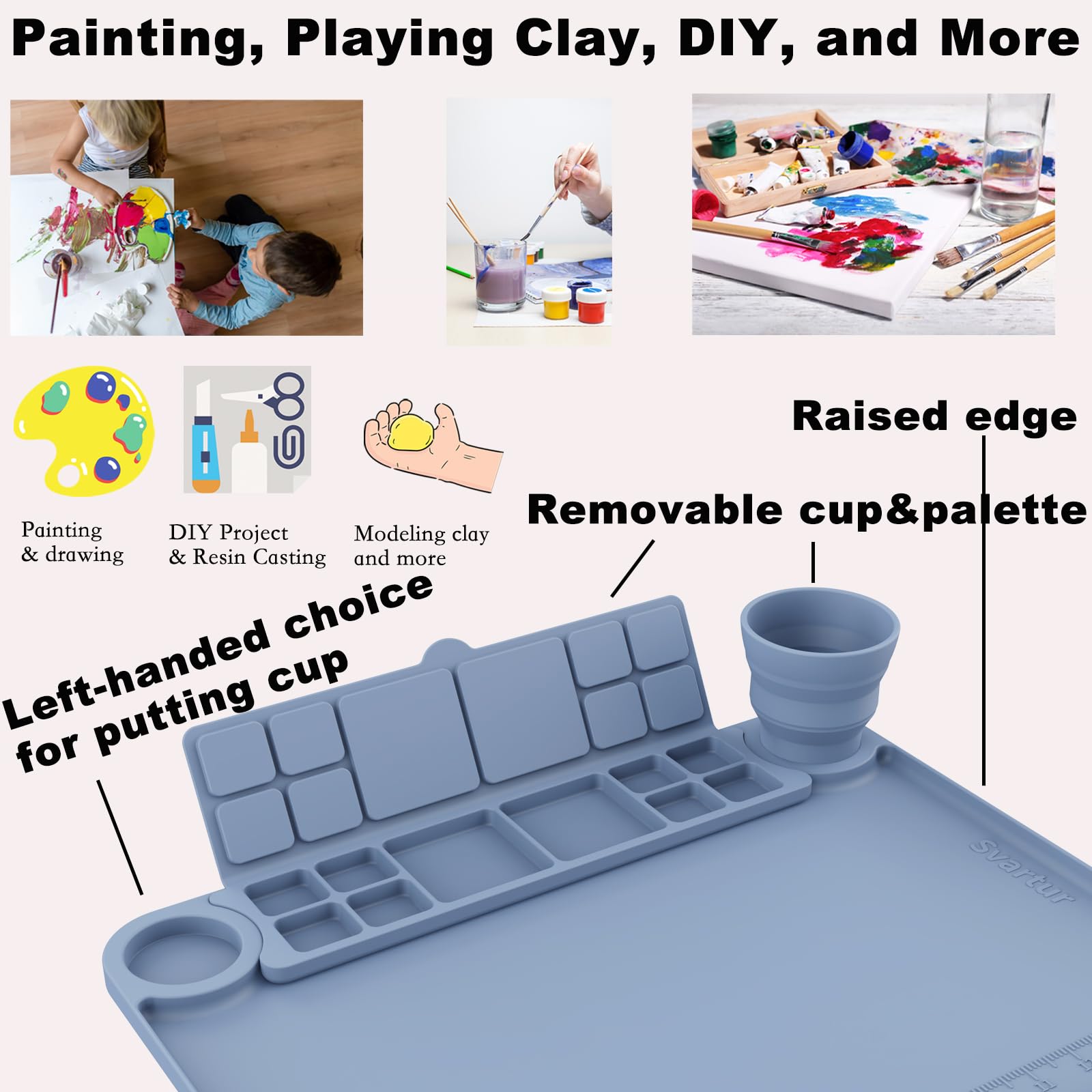 Svartur Silicone Art Mat - 17" X 13" With Cup and Palette, Raised Edge for Craft, Artist Creator Mat for Resin DIY, Coral Pink