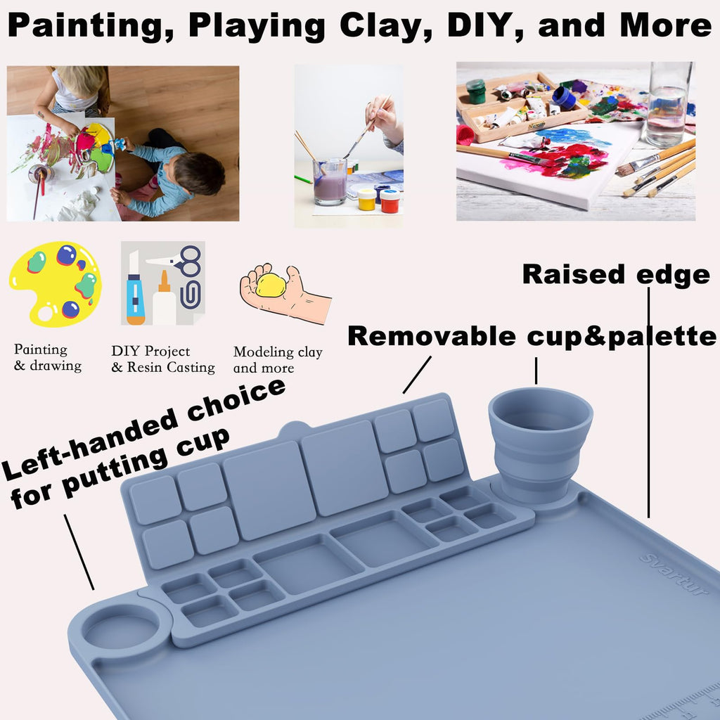 Svartur Silicone Art Mat - 17" X 13" With Cup and Palette, Raised Edge for Craft, Artist Creator Mat for Resin DIY, Coral Pink