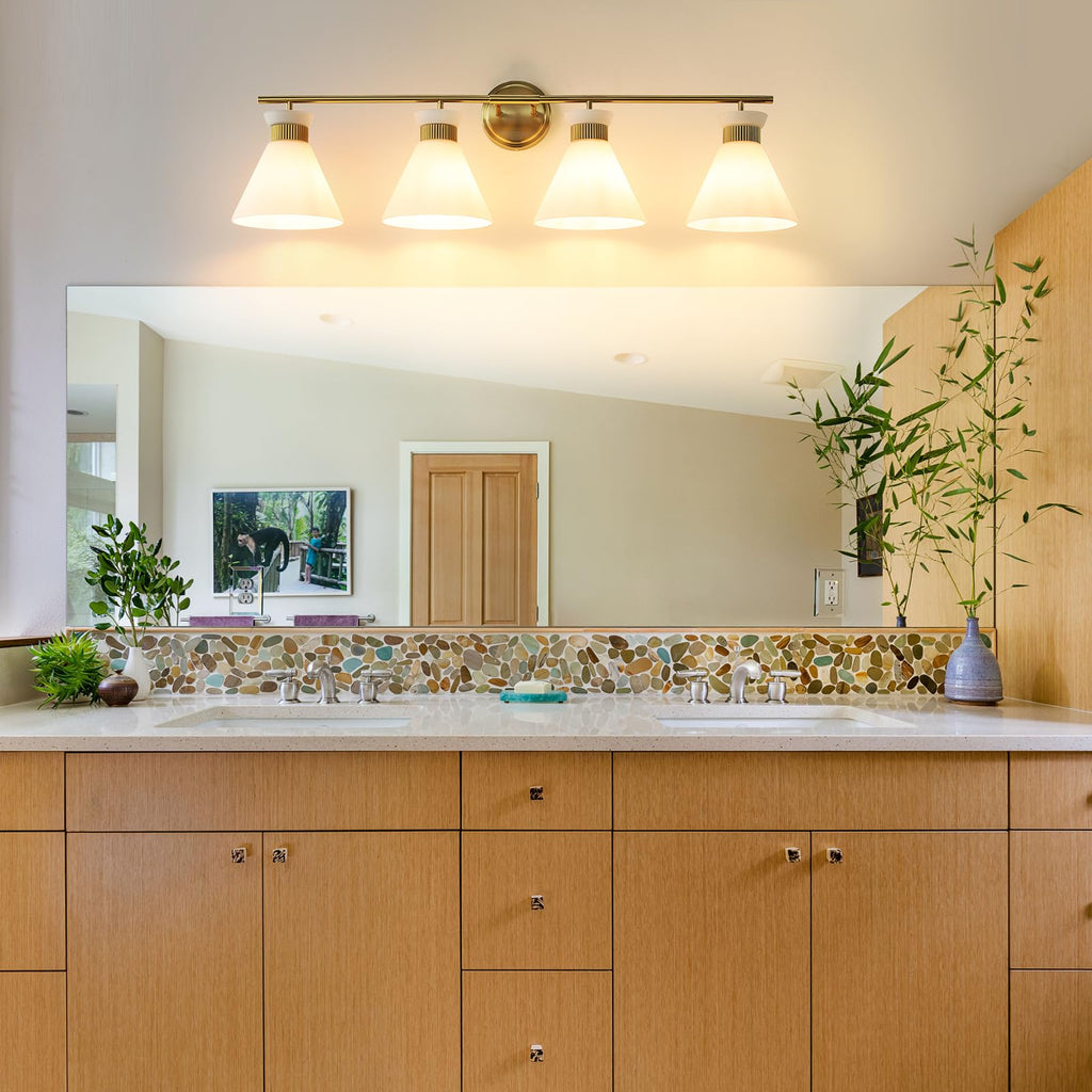 WOSHITU Gold Bathroom Light Fixtures: Modern Vanity Lighting Fixtures 2 Lights for Bathroom Mid Century Vanity Light Sconces Over Mirror with Frosted Milky Glass for Bath Bedroom Makeup