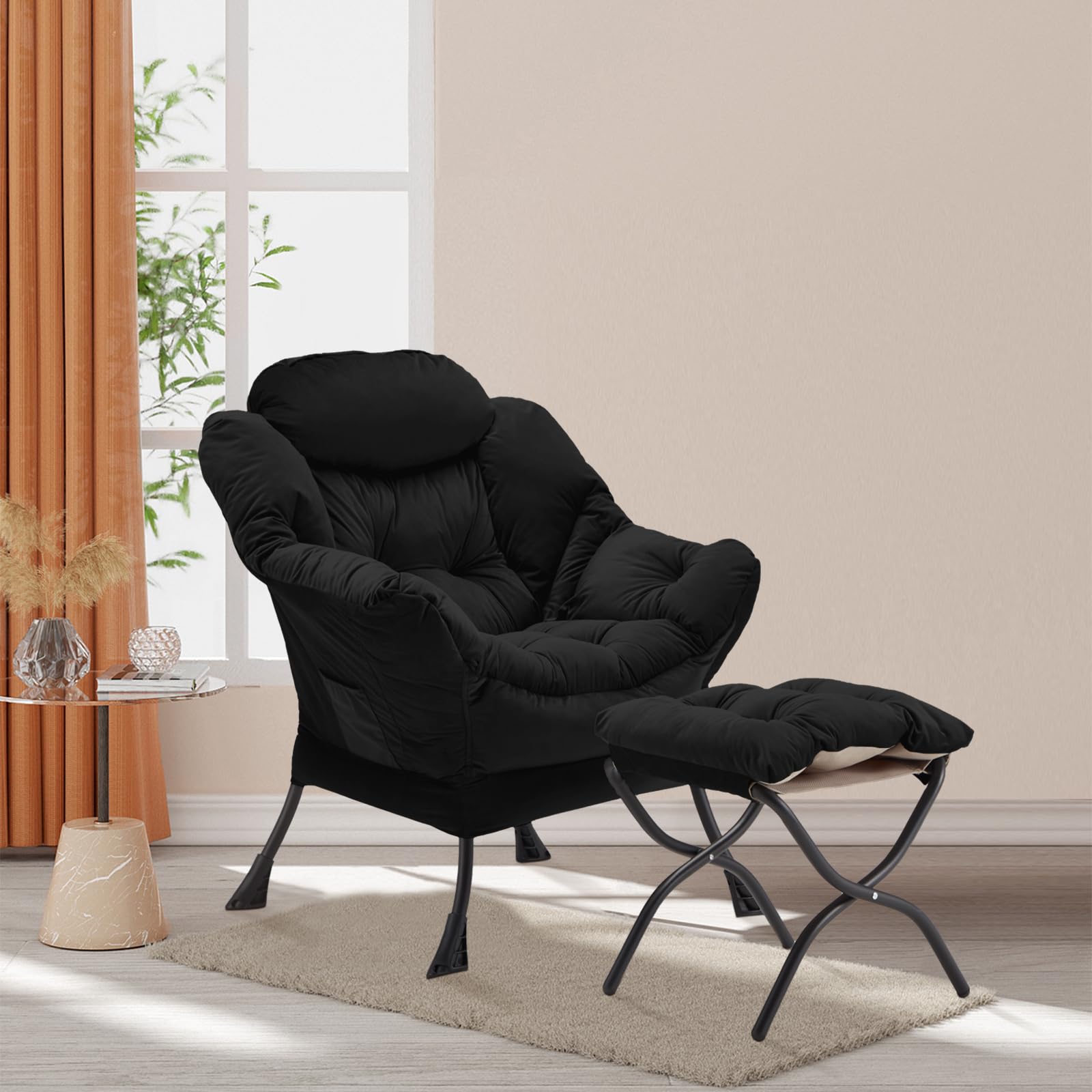 Youtanic Lazy Chair with Folding Ottoman, Accent Chair Velvet Upholstered with Metal Structure and Non-Slip Pads, Sofa Armchair with Footrest and Side Storage Bag for Dorm, Room, Office, Beige