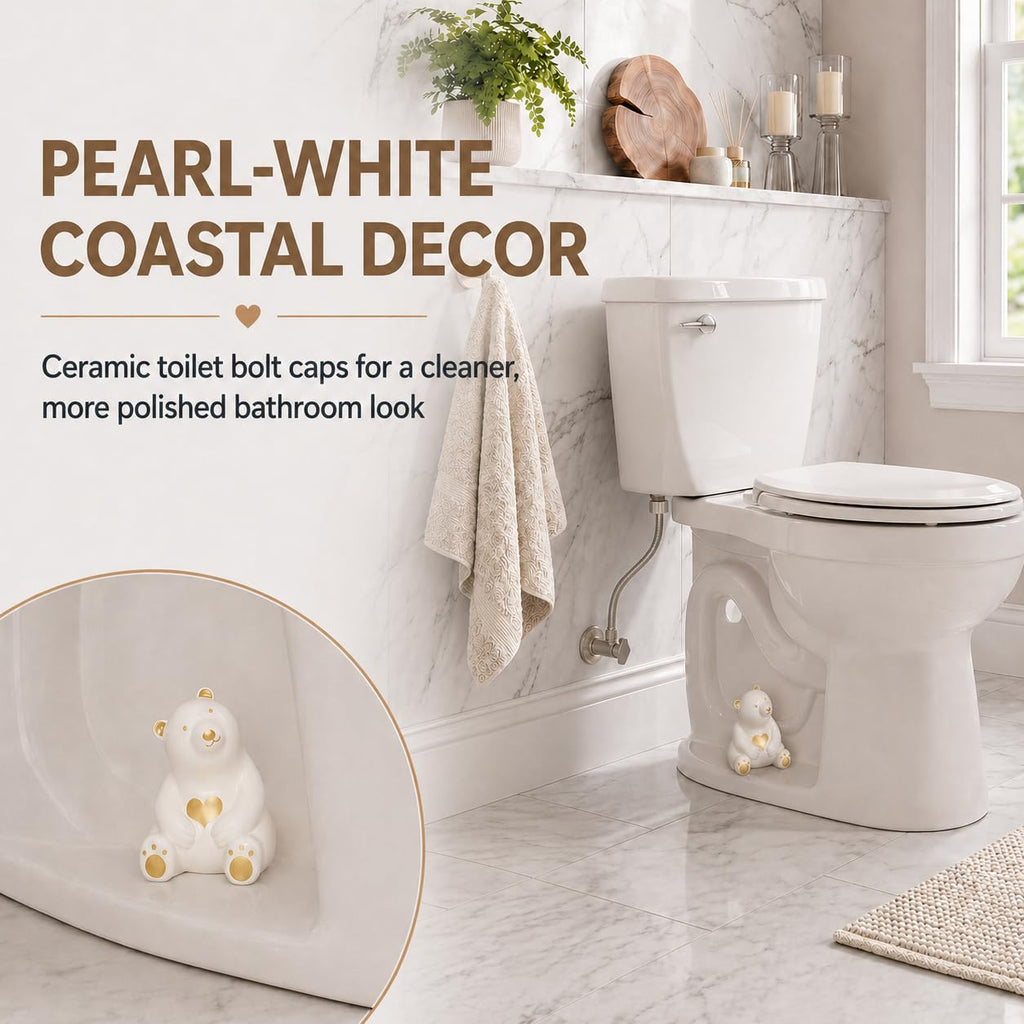 MENNTY Black Polar Bear Toilet Bolt Covers Decorative - 2 Glossy Black Ceramic Toilet Bolt Caps + 4 Universal Toilet Caps for Bottom of Toilet, Modern Monochrome Bathroom Decor