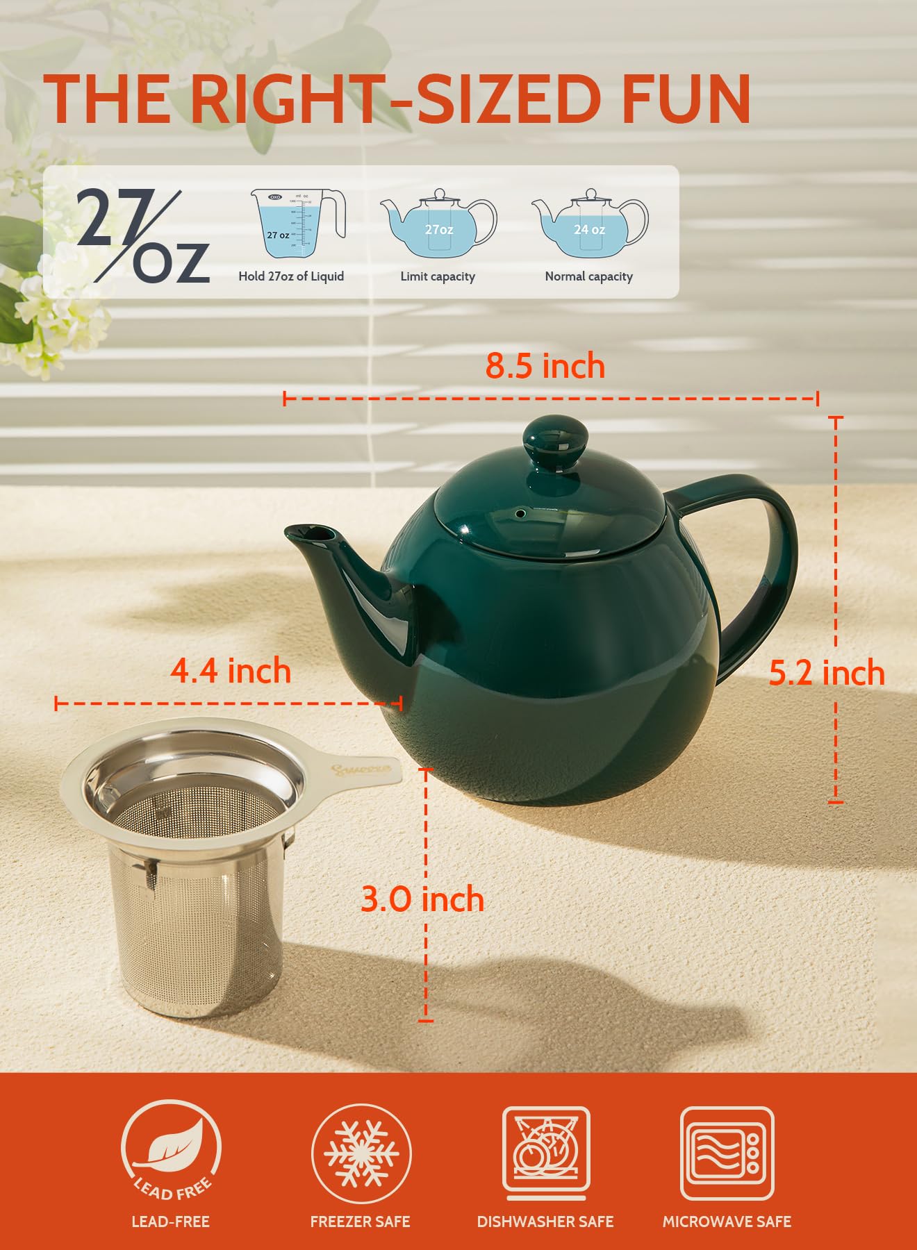 Sweese Porcelain Teapot 27 oz with Infuser for Loose Leaf Tea, Bluish Grey
