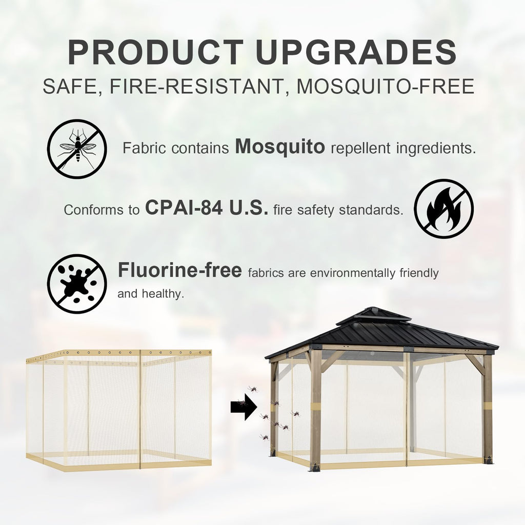 BPS 10' x 10' Gazebo Universal Mosquito Netting Screen Replacement, 4-Panel Mesh Screen Walls with Double Zippers for Outdoor Patio, Khaki (Mosquito Net Only)