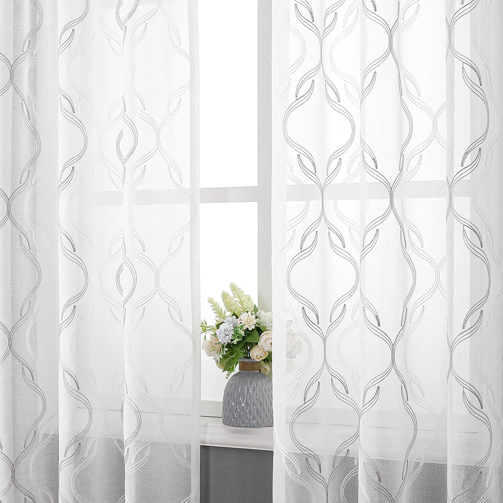 VISIONTEX Sheer Curtains 63 Inches Long 2 Panels Set, Beige and Ivory Moroccan Embroidery Texture Geometric Rod Pocket White Voile Tulle Semi Window Treatment Pair for Bedroom, W54 x L63