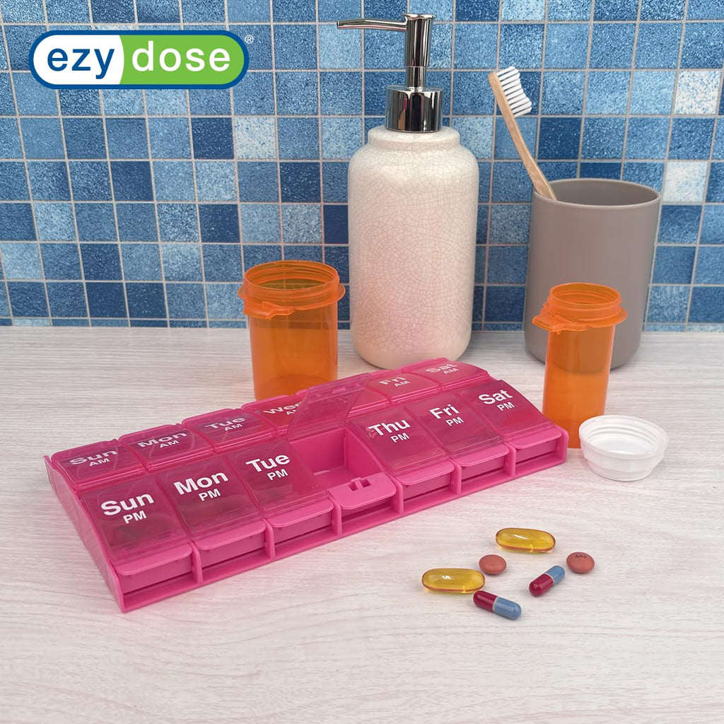 EZY DOSE Push Button (7-Day) Pill Case, Medicine Planner, Vitamin Organizer, 2 Times a Day, AM/PM Container, X-Large Compartments, Arthritis Friendly, Easy to Use, Transparent Lids, Black, BPA Free
