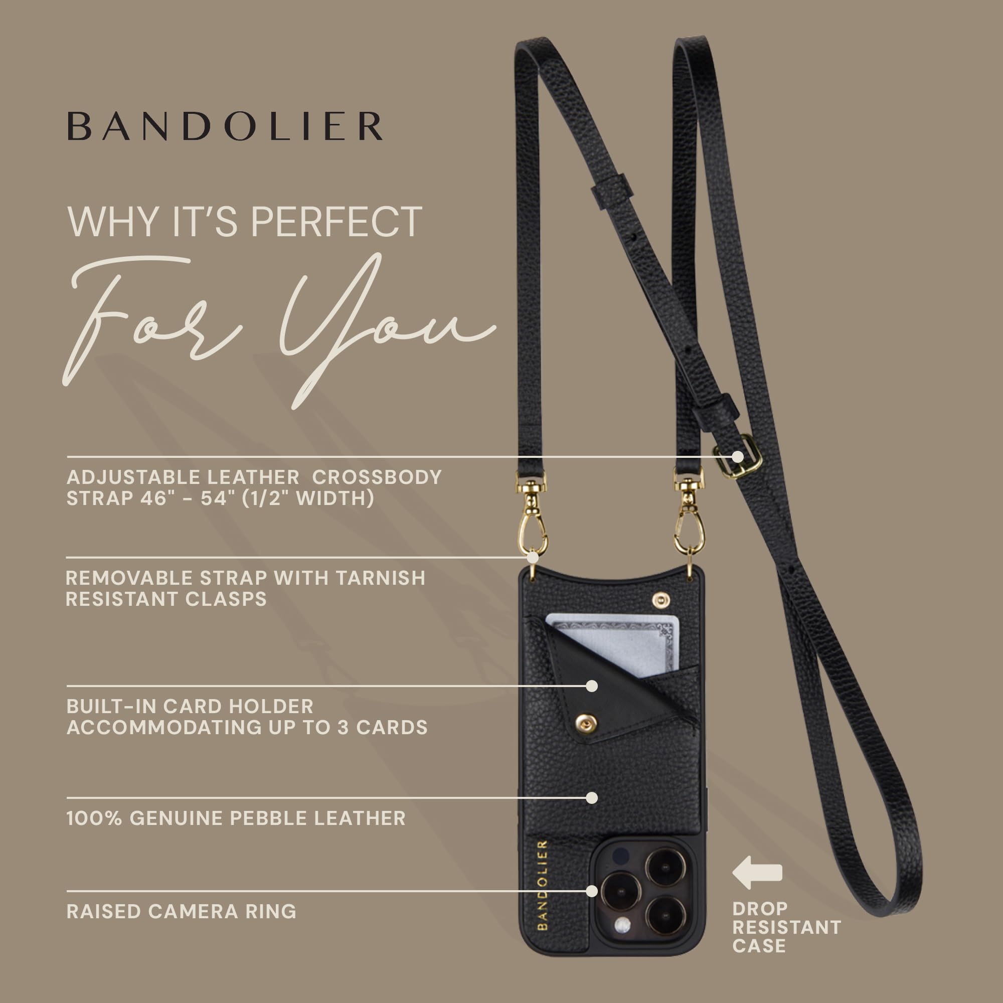 Bandolier Emma Crossbody Wallet Phone Case for iPhone 15 Pro Max. 100% Genuine Pebble Leather. Adjustable & Removable Crossbody Strap. Card Holder with Snap Closure. Black with Gold Hardware