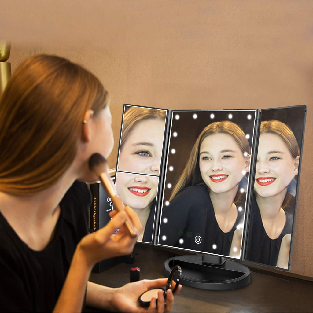 Flymiro Tri-fold Lighted Vanity Makeup Mirror with 3x/2x Magnification,Light up Mirror for Makeup,Touch Screen 21 LEDs,180° Rotation Countertop Cosmetic Mirror,Gifts for Women Mom Teen Girls