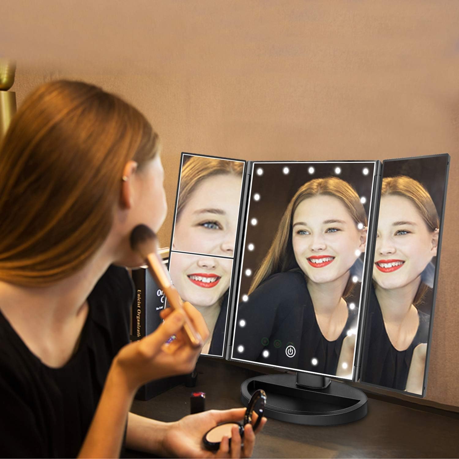 Flymiro Tri-fold Lighted Vanity Makeup Mirror with 3x/2x Magnification,Light up Mirror for Makeup,Touch Screen 21 LEDs,180° Rotation Countertop Cosmetic Mirror,Gifts for Women Mom Teen Girls