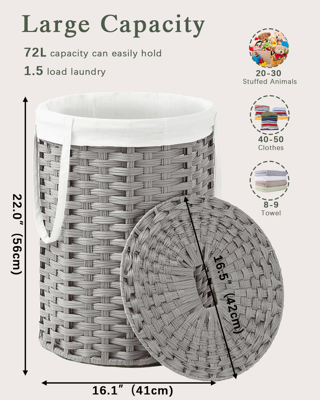 SETVSON Laundry Hamper with Lid Laundry Basket with Lid 19.0 Gal (72 L) Round Wicker Laundry Basket Handwoven Rattan Basket with Lid Removable Bag 2 Mesh Bags Handles for Living Room Bathroom Black