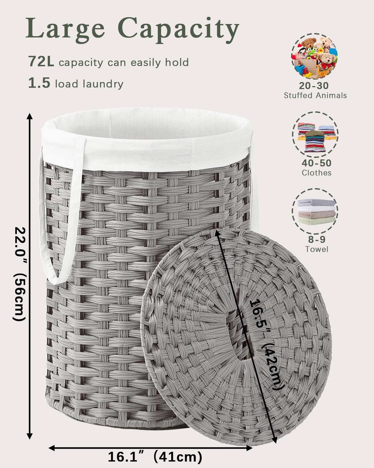 SETVSON Laundry Hamper with Lid Laundry Basket with Lid 19.0 Gal (72 L) Round Wicker Laundry Basket Handwoven Rattan Basket with Lid Removable Bag 2 Mesh Bags Handles for Living Room Bathroom Black