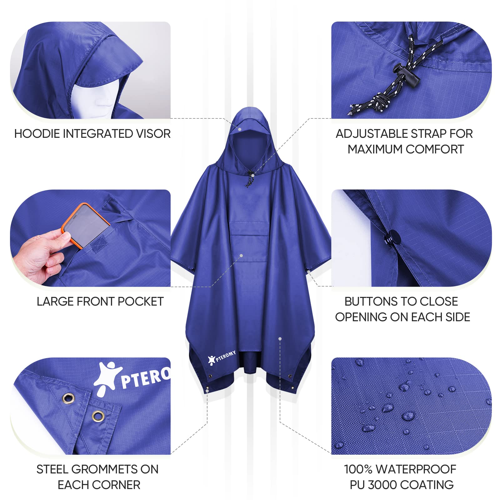 PTEROMY 3-in-1 Hooded Rain Poncho for Adult with Pocket, Waterproof Lightweight Unisex Raincoat for Hiking Camping Emergency