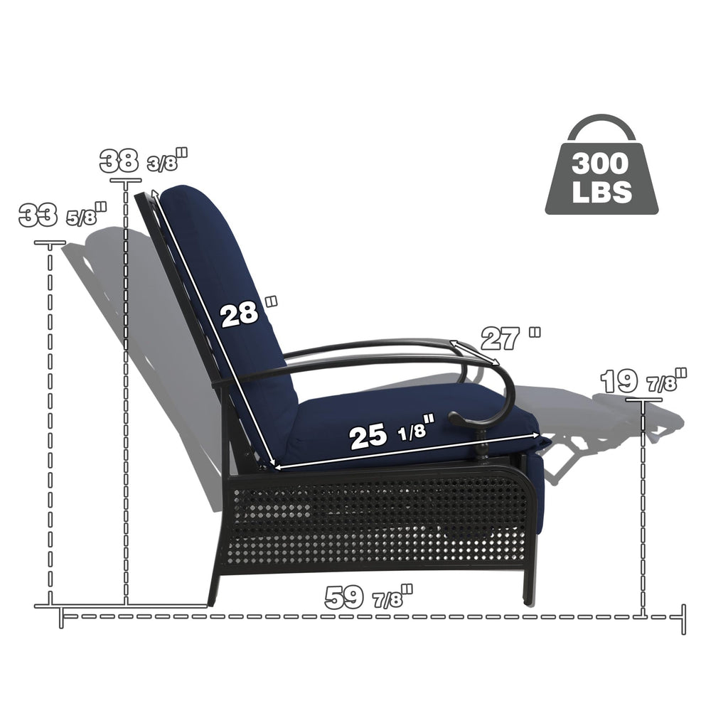 Kozyard Adjustable Outdoor Reclining Lounge Chair, Cushioned Patio Chaise Lounge with Extendable Metal Frame for Sunbathing, Reading & Relaxing – Comfortable Outdoor Recliner, Aqua
