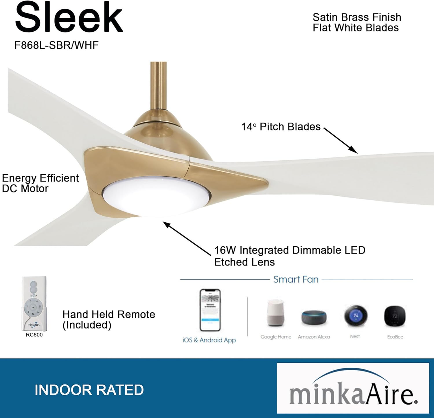 MINKA-AIRE F868L-SBR/WHF Ceiling Fan, Soft Brass/Flat White