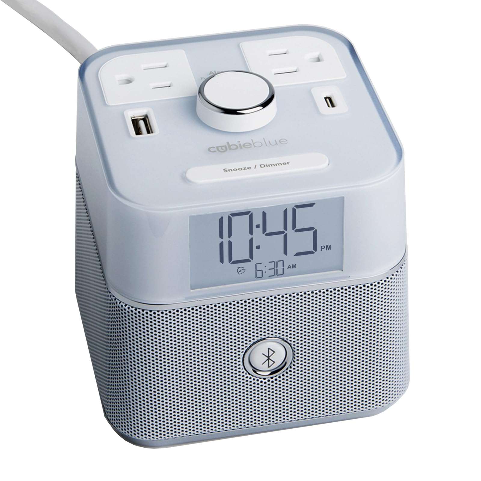 Brandstand | CubieBlue | User Friendly & Convenient Alarm Clock Charger | 2 USB Ports | 2 Tamper Resistant Sockets | Brandstand Bluetooth Speaker