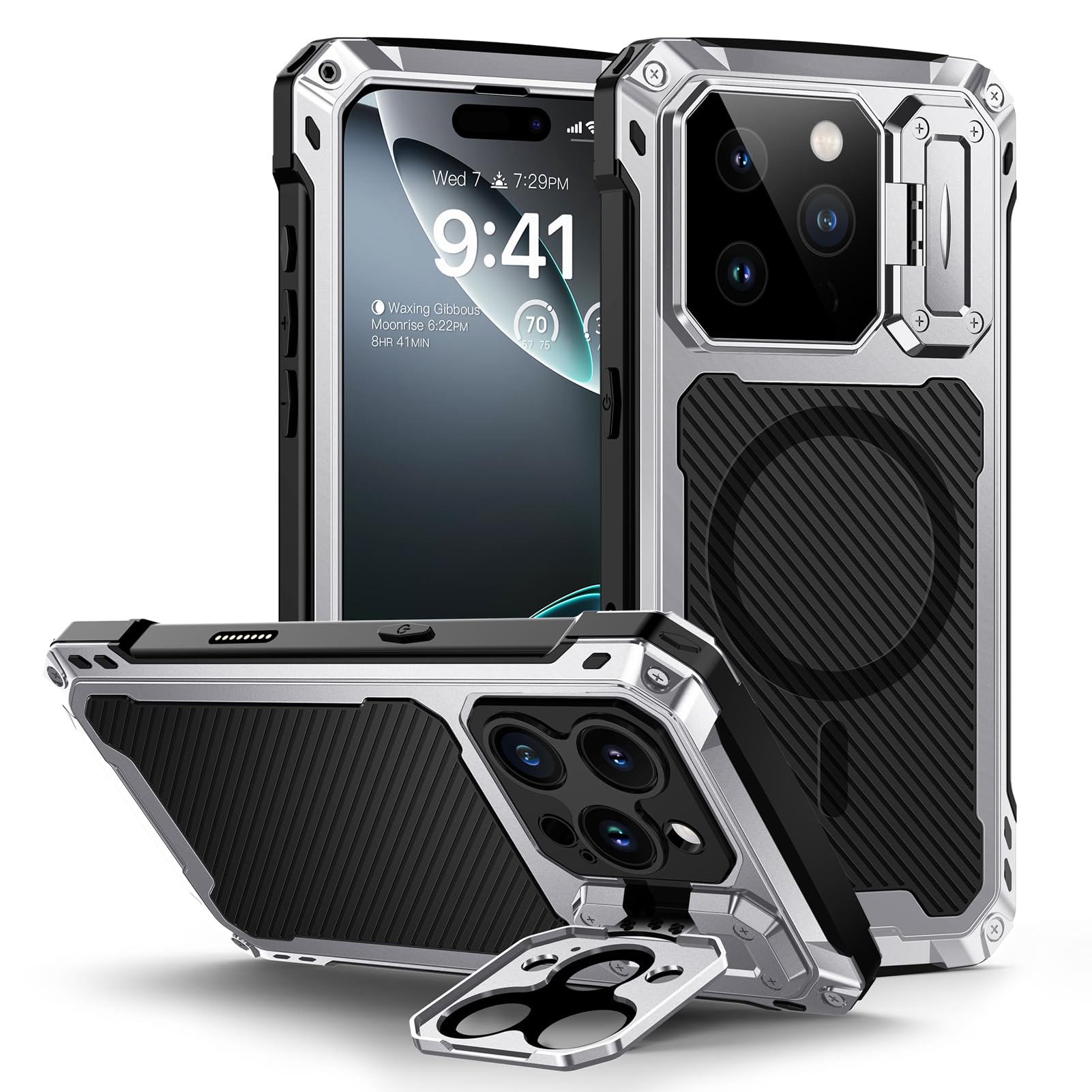 Lanhiem for iPhone 16 Metal Case with Camera Cover & Stand [Compatible with MagSafe] [Built-in Kickstand] [Military-Grade Protection] Heavy Duty Rugged Magnetic Phone Case, Black