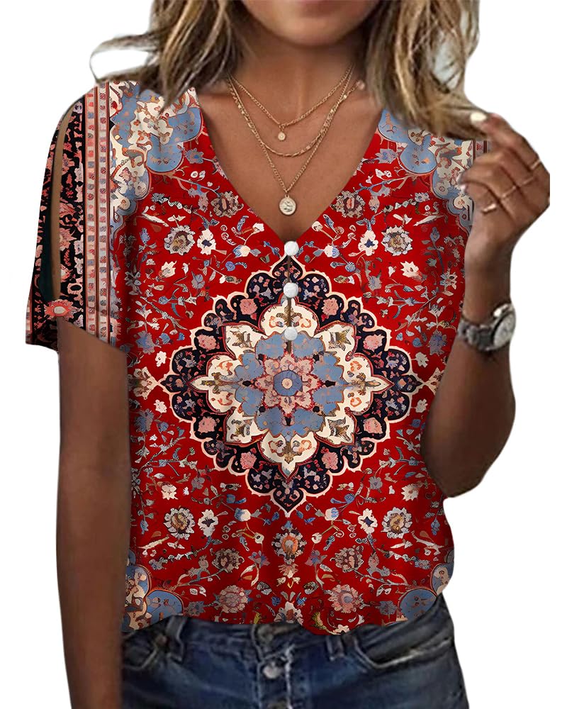 HOTYD Women's Boho Floral Print Ladies Short Sleeve Tops Summer Blouses Dressy Casual V Neck Cold Shoulder Tunic Tops