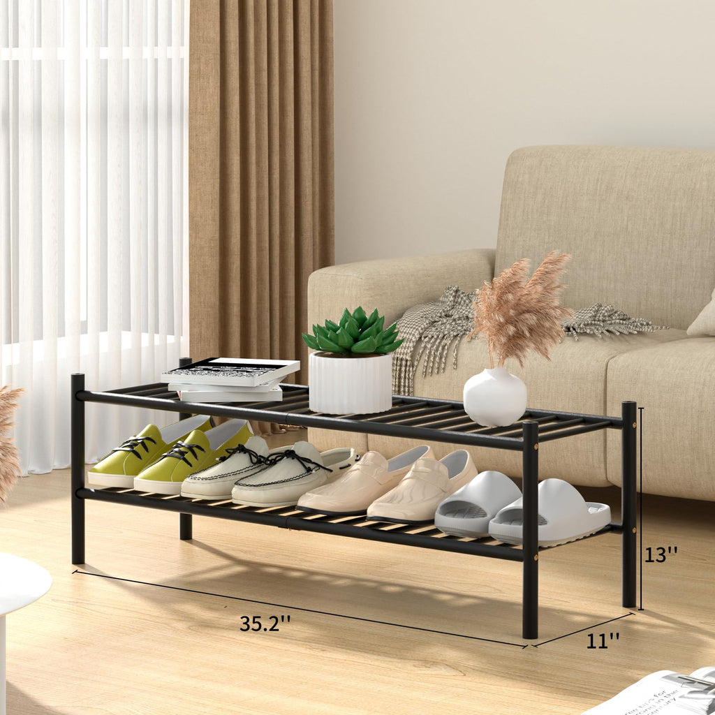 ROMGUAR CRAFT 2-Tier Bamboo Long Shoe Rack, Free Standing Wood Shoe Shelf Storage Organizer for Closet Entryway Stackable 35"x11"x13" (Black)