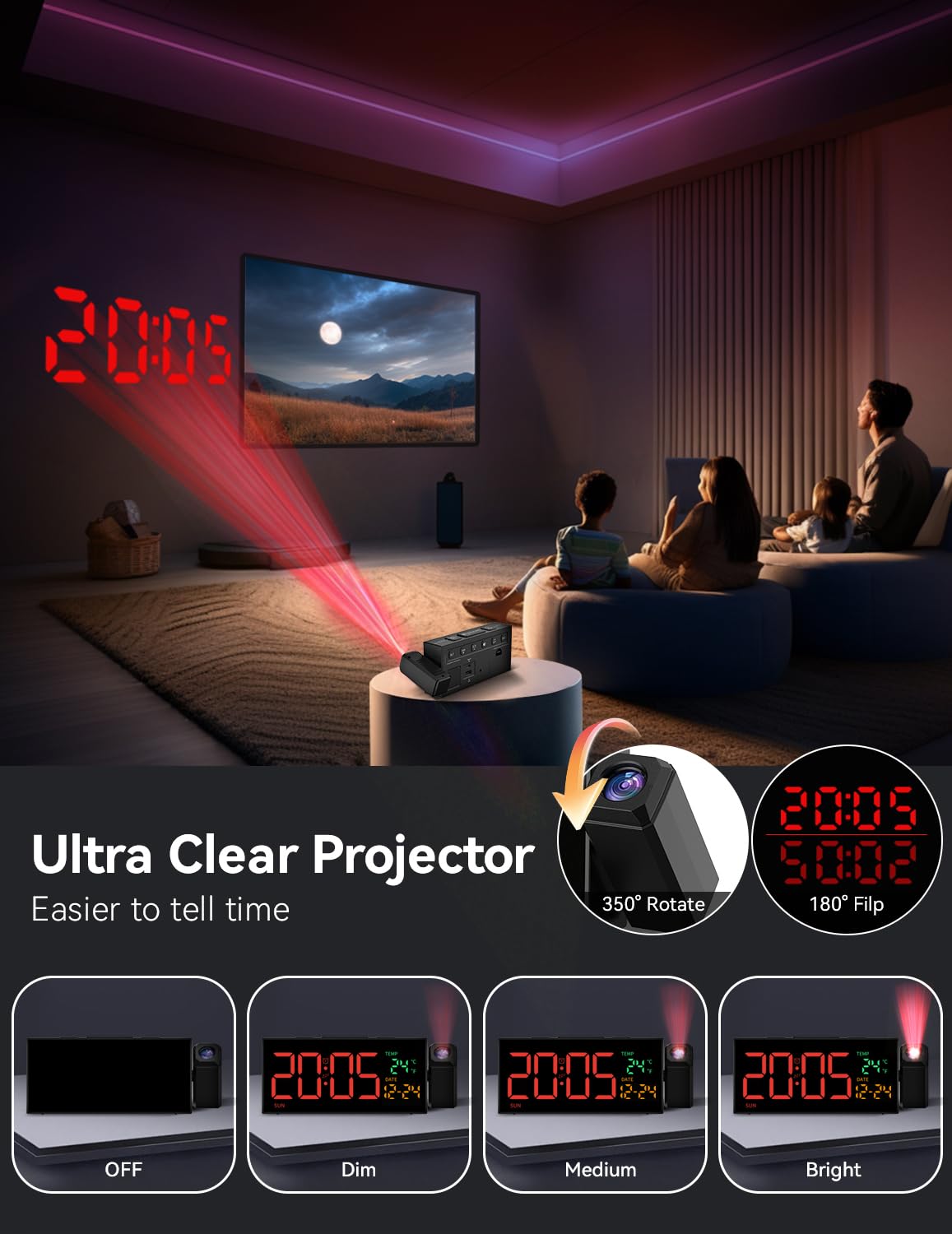 Netzu Projection Clock for Bedroom Ceiling, Alarm Clocks with 180° Rotatable Projector, Date Temperature and Weekday, Manual DST, 5 Brightness, 10 Ringtones, 4 Volumes and Snooze (Black)