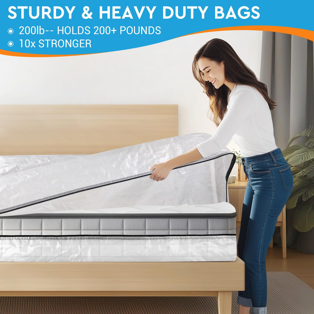 SaveAMatt Mattress Bags for Moving -Extra Thick Queen Mattress Storage Bag, 8 Strong Handles & Reinforced Stitching, Waterproof Reusable Clear Mattress Cover Protector (82’’x63’’x15’’ Queen Size)