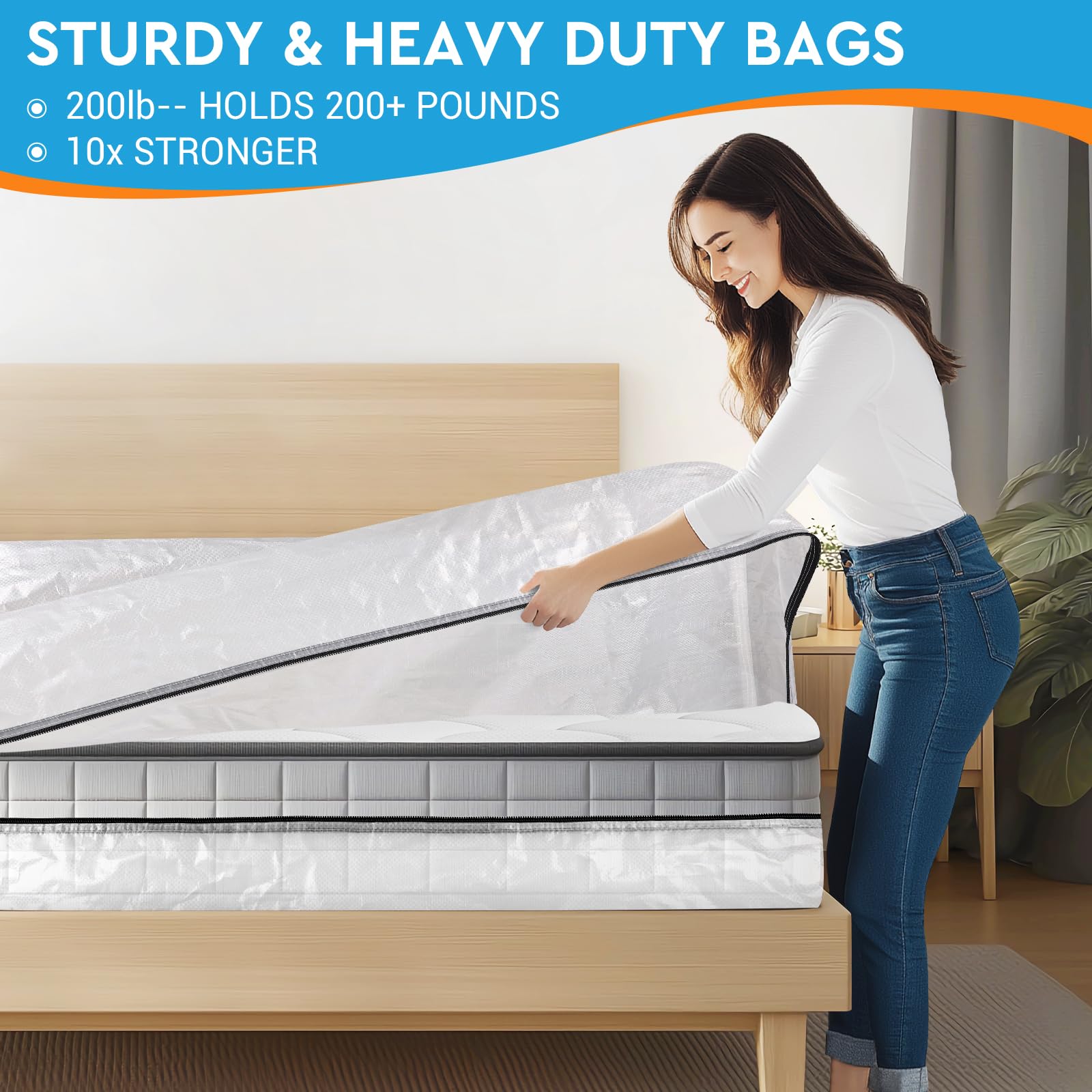 SaveAMatt Mattress Bags for Moving -Extra Thick Queen Mattress Storage Bag, 8 Strong Handles & Reinforced Stitching, Waterproof Reusable Clear Mattress Cover Protector (82’’x63’’x15’’ Queen Size)