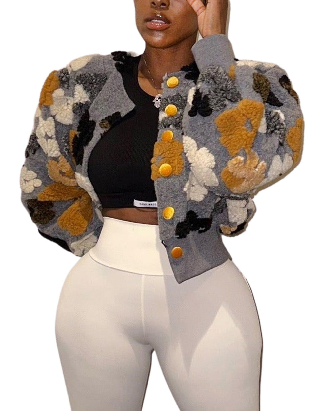 Womens Cropped Floral Print Jacket Warm Fleece Bomber Jacket Casual Button Down Coats Fall Puff Outerwears